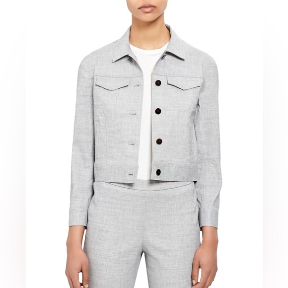 Theory Light Grey Linen Cropped Jacket - Picture 3 of 4